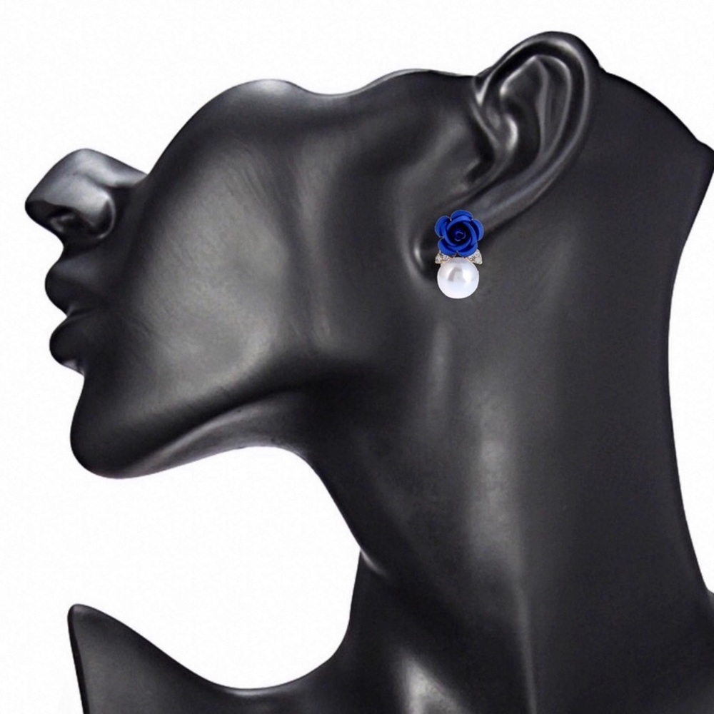 Gold w/Blue Rose & Faux Pearl Lever Back Earrings - Picture 6 of 8